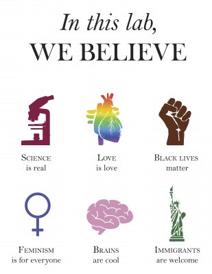 Statement of lab values that says "In this lab, we believe science is real, love is love, black lives matter, feminism is for everyone, brains are cool, and immigrants are welcome